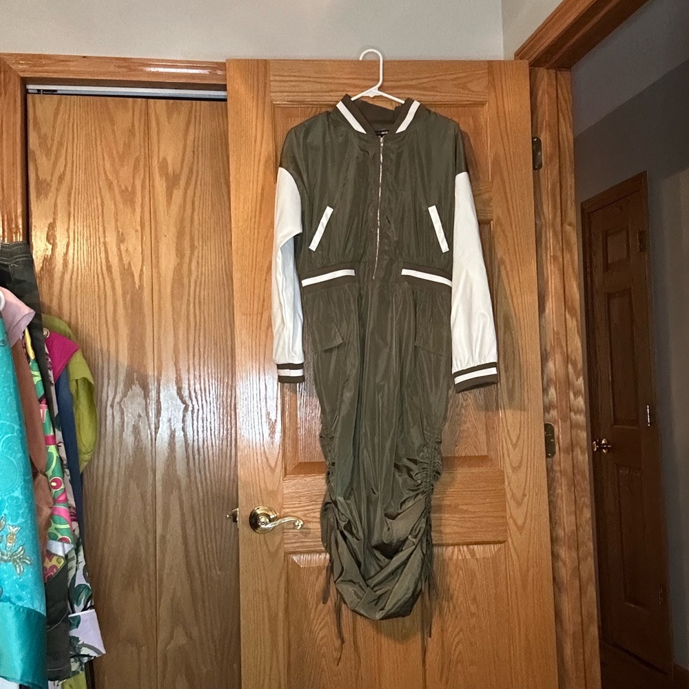 Fashion Nova Khaki and White Bomber Jacket